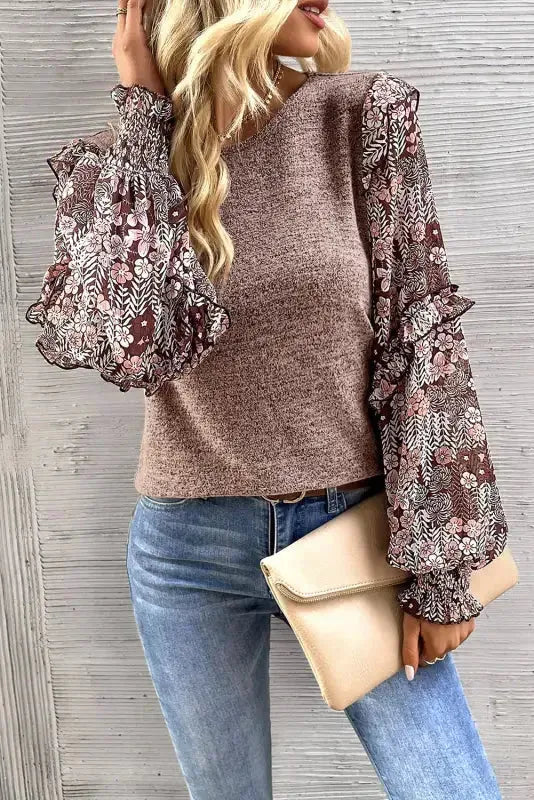 Floral Sleeve Crew Neck Blouse - Fashionfitz