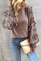 Floral Sleeve Crew Neck Blouse - Fashionfitz