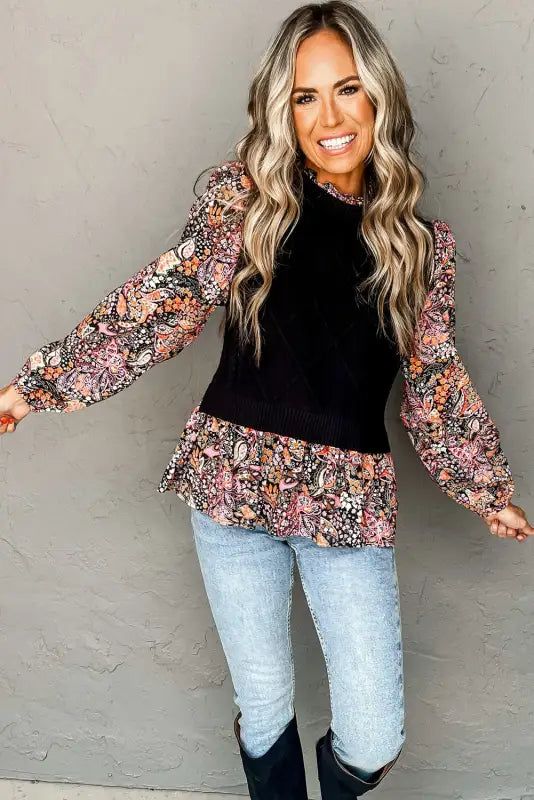 Black contrast floral sleeve peplum sweater - sweaters &