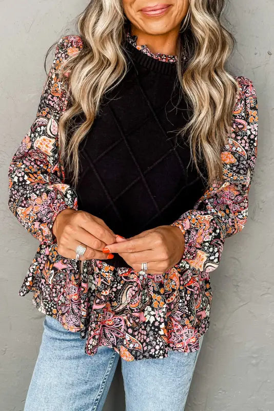 Black contrast floral sleeve peplum sweater - sweaters &