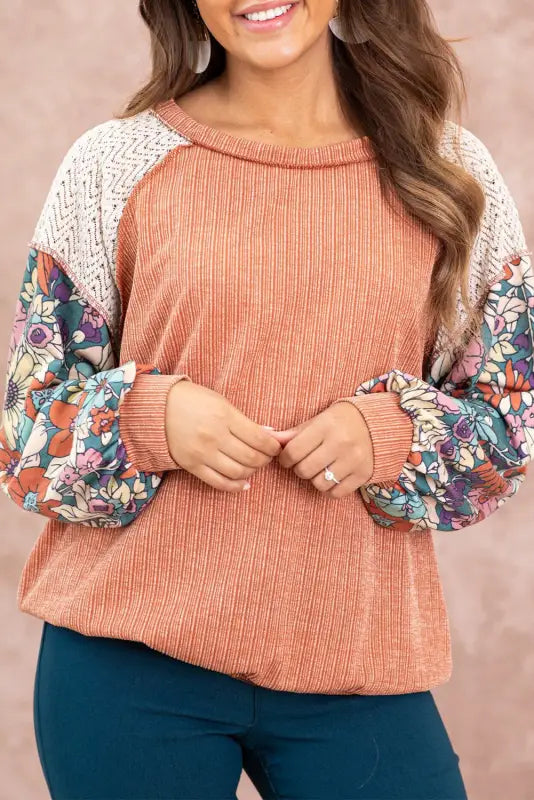 Floral sleeve textured blouse - grapefruit orange / s / 95% polyester + 5% elastane - blouses