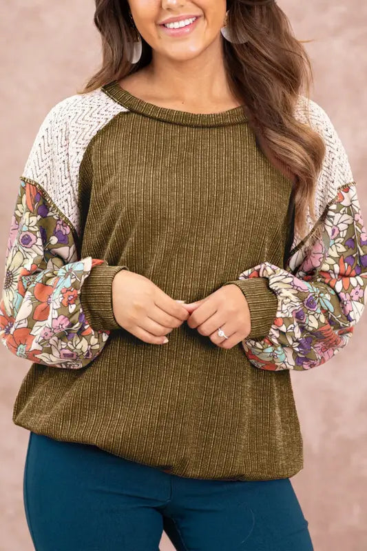 Floral sleeve textured blouse - brown / s / 95% polyester + 5% elastane - blouses