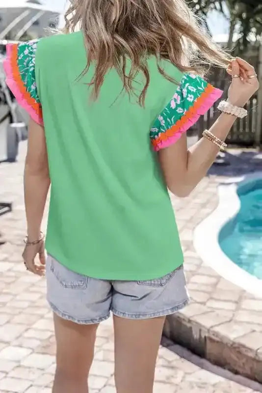 Floral Sleeve Top - Light Green Contrast Ricrac - Fashionfitz