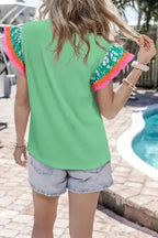 Floral Sleeve Top - Light Green Contrast Ricrac - Fashionfitz