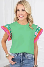 Floral Sleeve Top - Light Green Contrast Ricrac - Fashionfitz