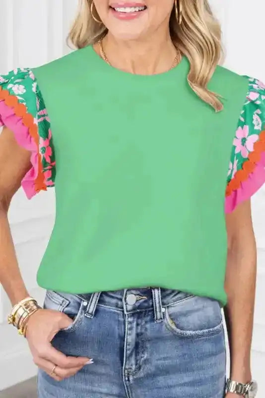 Light Green Floral Sleeve Contrast Ricrac Top Women UK — front view showing light green colour, floral sleeves and ricrac trim — Fashionfitz