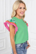 Floral Sleeve Top - Light Green Contrast Ricrac - Fashionfitz