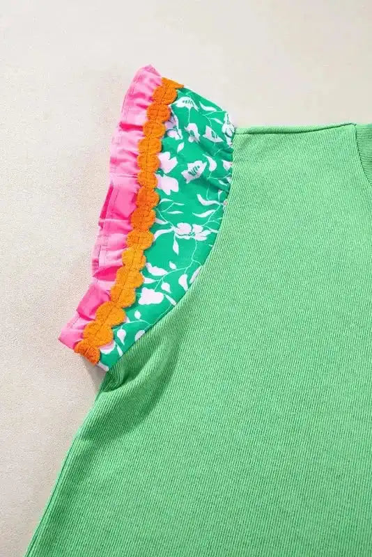 Floral Sleeve Top - Light Green Contrast Ricrac - Fashionfitz