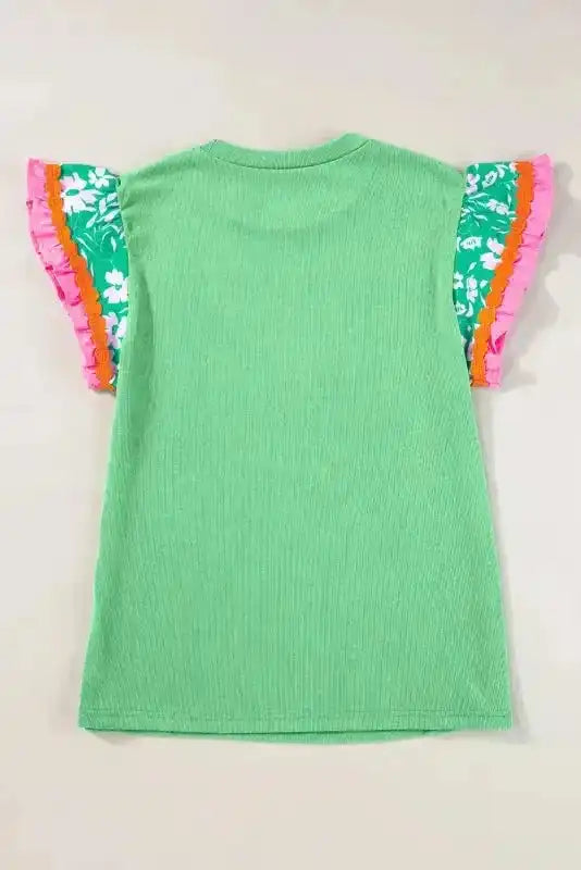 Floral Sleeve Top - Light Green Contrast Ricrac - Fashionfitz