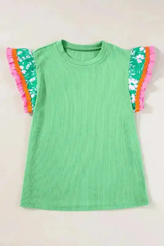 Floral Sleeve Top - Light Green Contrast Ricrac - Fashionfitz