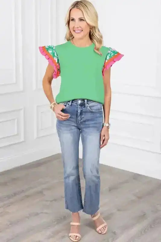 Floral Sleeve Top - Light Green Contrast Ricrac - Fashionfitz