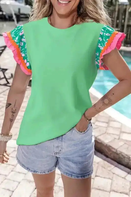 Floral Sleeve Top - Light Green Contrast Ricrac - Fashionfitz