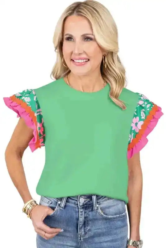Floral Sleeve Top - Light Green Contrast Ricrac - Fashionfitz