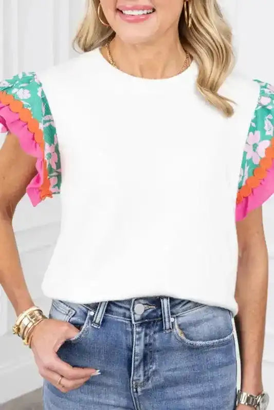 Floral Sleeve Top - White Contrast Ricrac - Fashionfitz