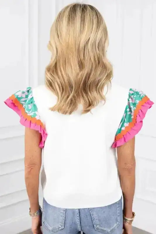 Back view of White Floral Sleeve Contrast Ricrac Top showing relaxed fit and floral sleeve construction — Fashionfitz