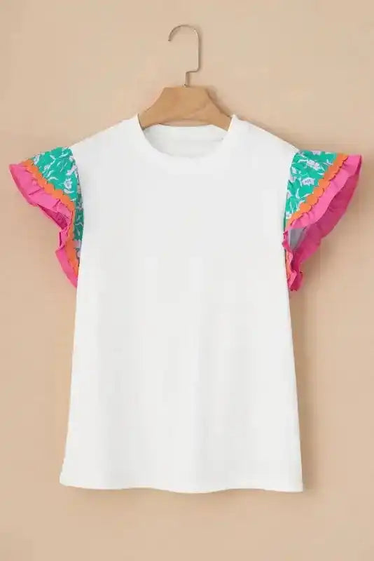 White Floral Sleeve Contrast Ricrac Top Women UK styled as an artisan boho casual summer outfit — Fashionfitz