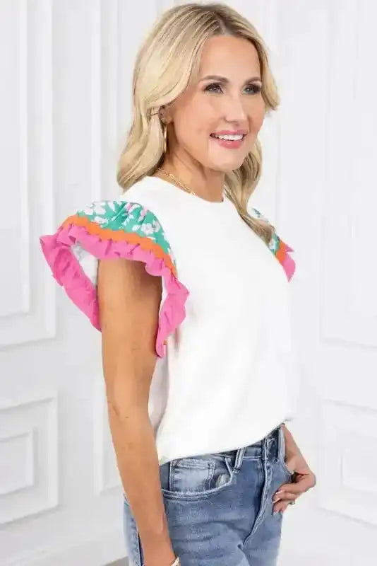 Side view of White Floral Sleeve Contrast Ricrac Top showing ricrac trim detail and round neckline — Fashionfitz