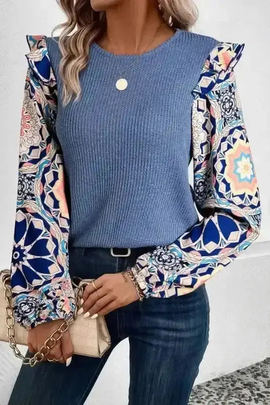 Floral Sleeve Waffle Knit Ruffle Blouse Women UK in ashleigh blue — front view showing waffle knit body with contrasting floral sleeves — Fashionfitz