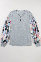 Floral-Sleeves Buttoned V-Neck Top - Gray - Fashionfitz