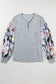 Floral-Sleeves Buttoned V-Neck Top - Gray - Fashionfitz
