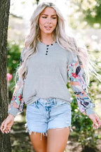Floral-Sleeves Buttoned V-Neck Top - Gray - Fashionfitz