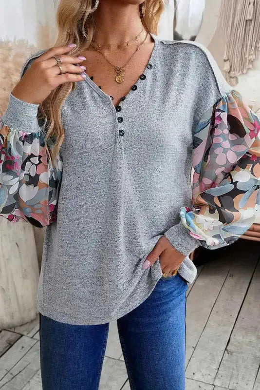 Floral-Sleeves Buttoned V-Neck Top - Gray - Fashionfitz