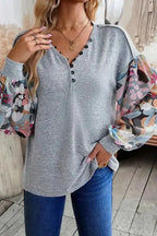Floral-Sleeves Buttoned V-Neck Top - Gray - Fashionfitz