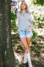 Floral-Sleeves Buttoned V-Neck Top - Gray - Fashionfitz