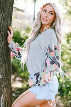 Floral-Sleeves Buttoned V-Neck Top - Gray - Fashionfitz