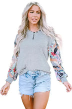 Floral-Sleeves Buttoned V-Neck Top - Gray - Fashionfitz