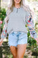 Floral-Sleeves Buttoned V-Neck Top - Gray - Fashionfitz