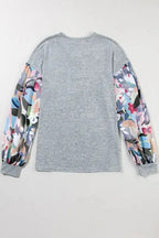 Floral-Sleeves Buttoned V-Neck Top - Gray - Fashionfitz