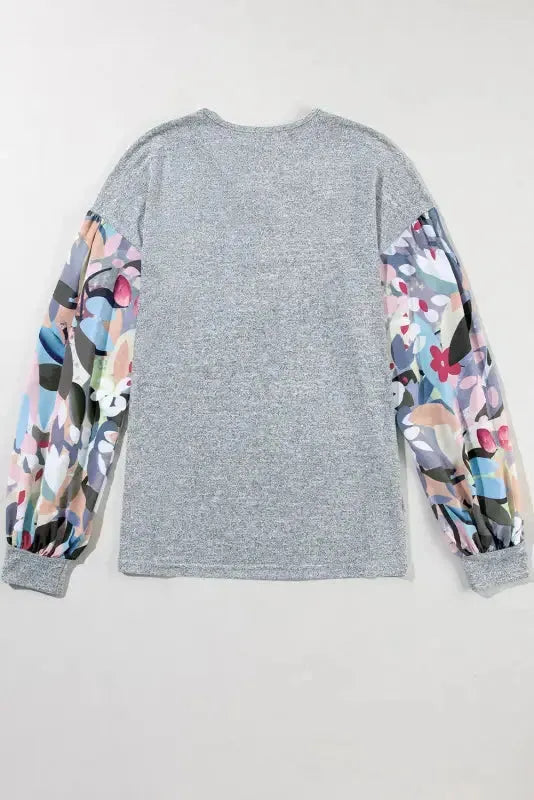 Floral-Sleeves Buttoned V-Neck Top - Gray - Fashionfitz