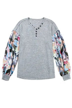 Floral-Sleeves Buttoned V-Neck Top - Gray - Fashionfitz