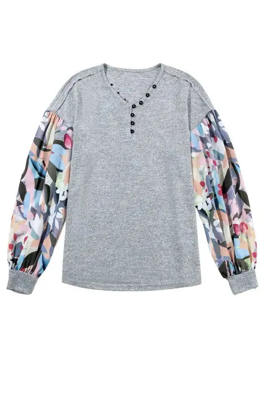 Floral-Sleeves Buttoned V-Neck Top - Gray - Fashionfitz