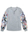 Floral-Sleeves Buttoned V-Neck Top - Gray - Fashionfitz