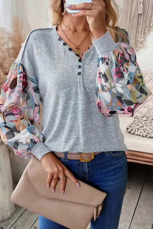 Floral-Sleeves Buttoned V-Neck Top - Gray - Fashionfitz