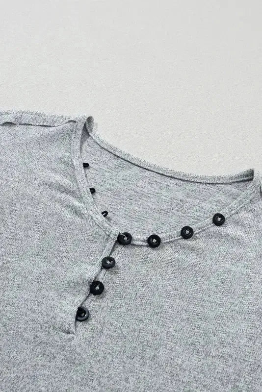 Floral-Sleeves Buttoned V-Neck Top - Gray - Fashionfitz