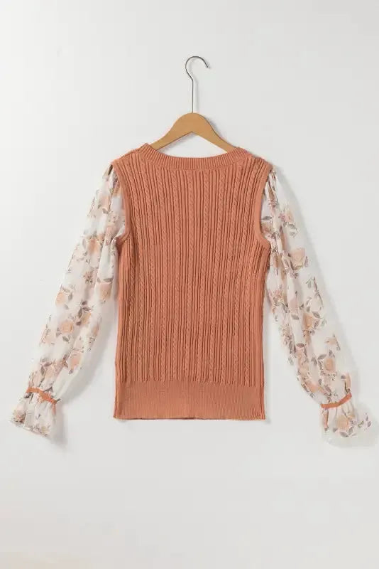 Floral Sleeves Cable Knit Sweater - Fashionfitz