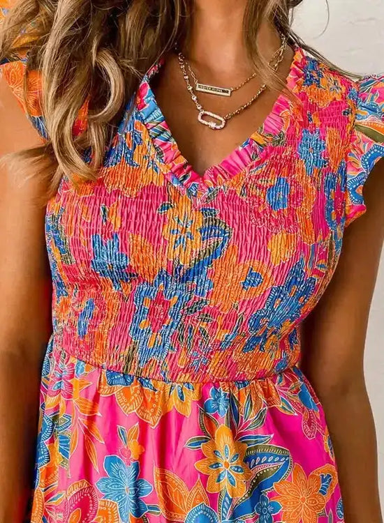 Floral Smocked Blouse - Ruffle Trim Flutter Sleeve - Fashionfitz