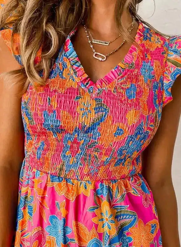 Rose red Floral Smocked Flutter Cap Sleeve Blouse styled as a summer feminine occasion outfit — Fashionfitz