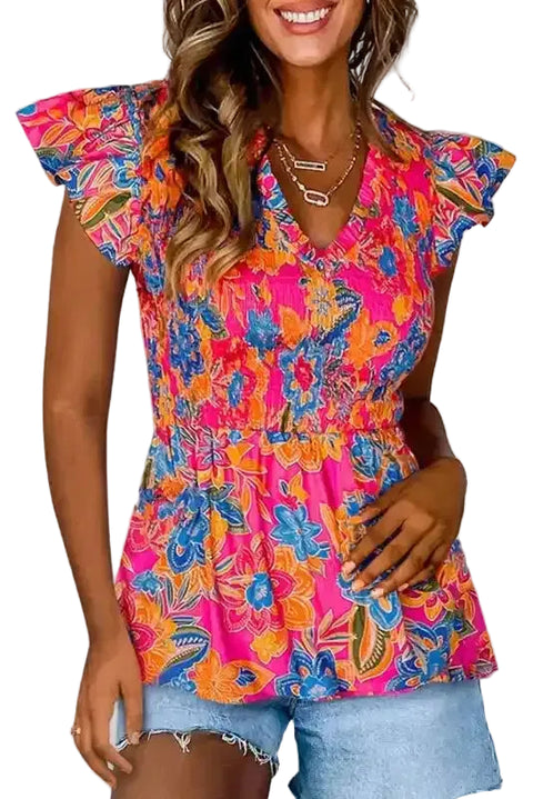 Floral Smocked Blouse - Ruffle Trim Flutter Sleeve - Fashionfitz