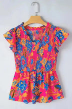 Floral Smocked Blouse - Ruffle Trim Flutter Sleeve - Fashionfitz