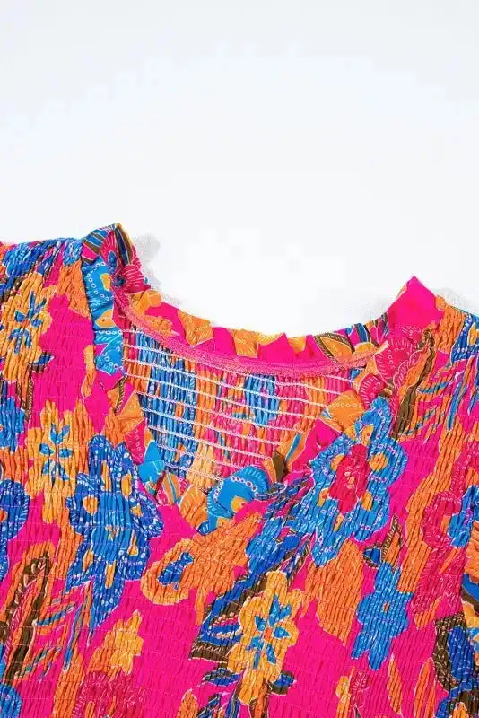Floral Smocked Blouse - Ruffle Trim Flutter Sleeve - Fashionfitz