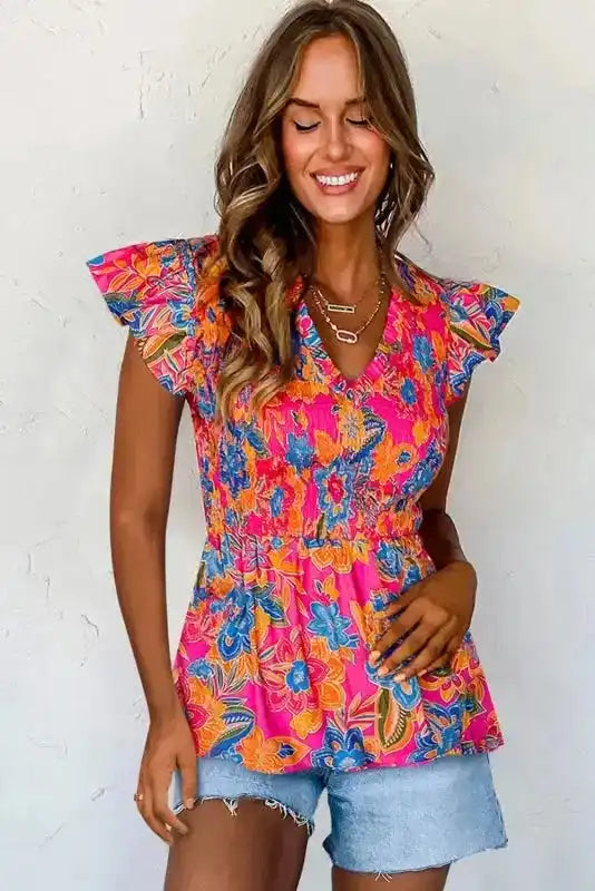 Close-up of Floral Smocked Ruffle Trim Blouse showing smocked bust panel and delicate ruffle trim detail — Fashionfitz