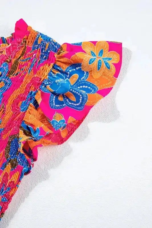 Floral Smocked Blouse - Ruffle Trim Flutter Sleeve - Fashionfitz