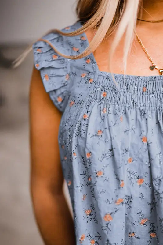 Khaki floral print smocked flounce sleeveless top - tank tops