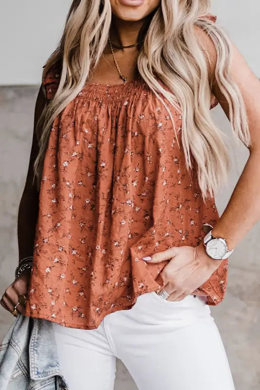 Khaki floral print smocked flounce sleeveless top - tank tops