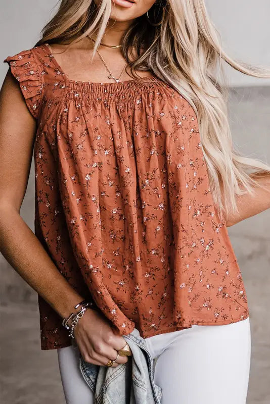 Khaki floral print smocked flounce sleeveless top - tank tops