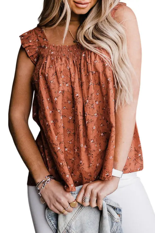 Khaki floral print smocked flounce sleeveless top - tank tops